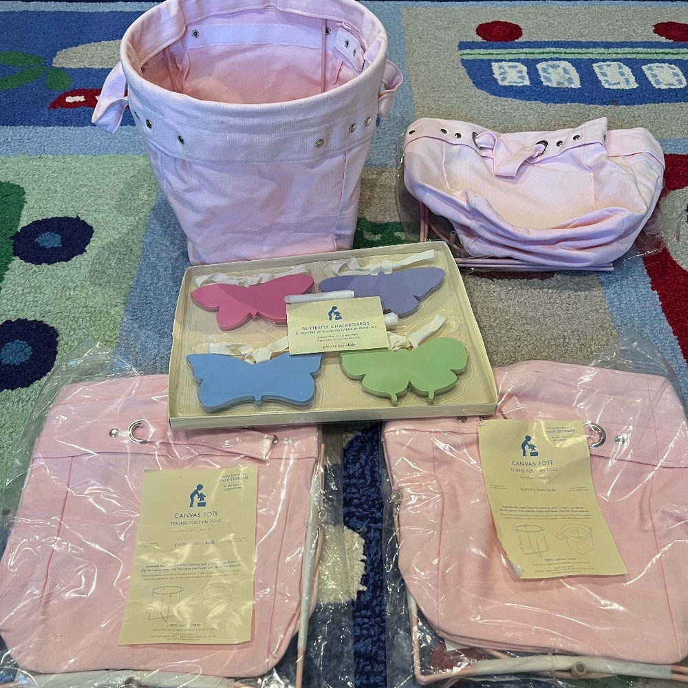 Pottery Barm Kids Classic Pink Canvas Storage Tote and Butterfly chalkboards